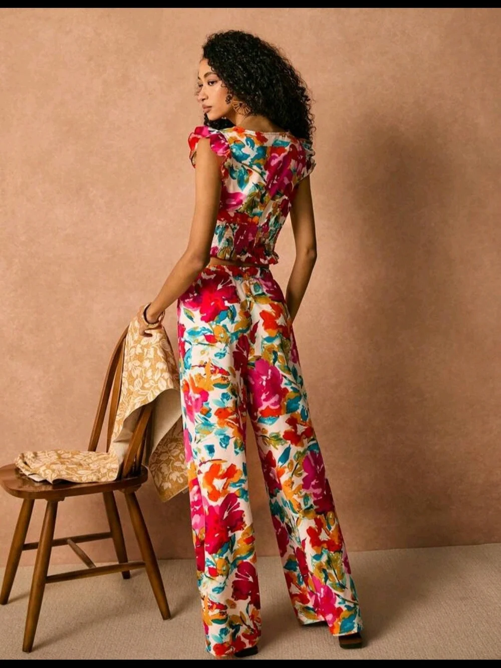 SHEIN Pink Multi Floral Wide-Leg Pants & Smocked Crop Top Set